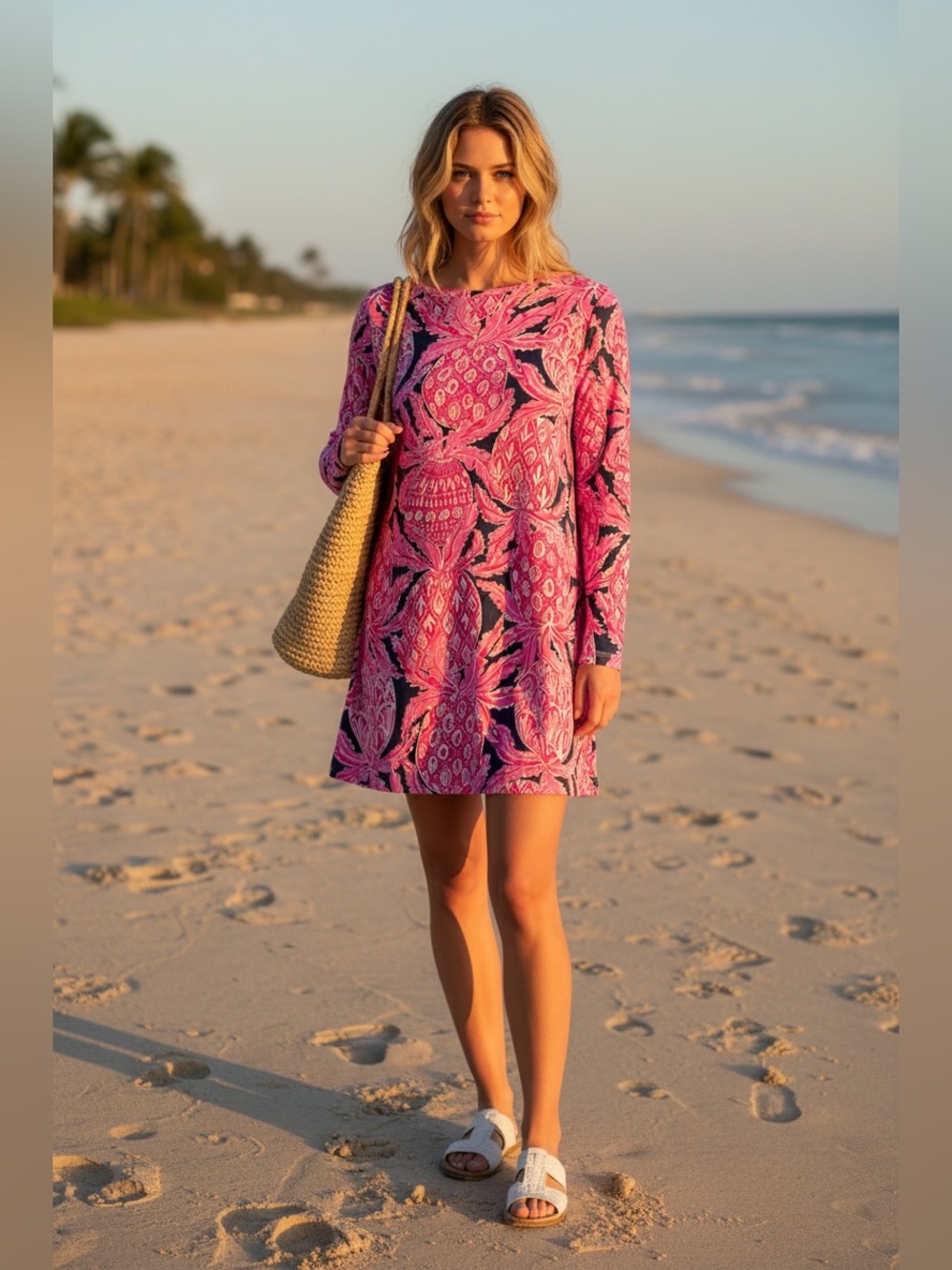 Lilly Pulitzer Sophie Dress S Bright Navy Coco Safari Pineapple Pink 3/4 Sleeve
